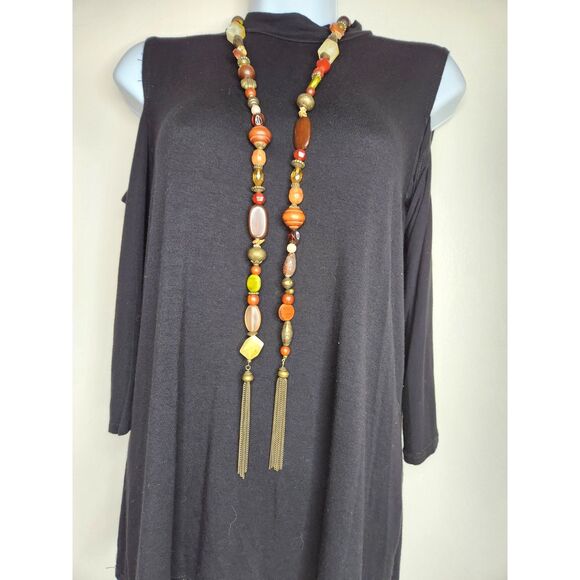 Boho Beaded Tassel Lariat Necklace Long Endless Strand Earth Tones 44 inches - Picture 1 of 9
